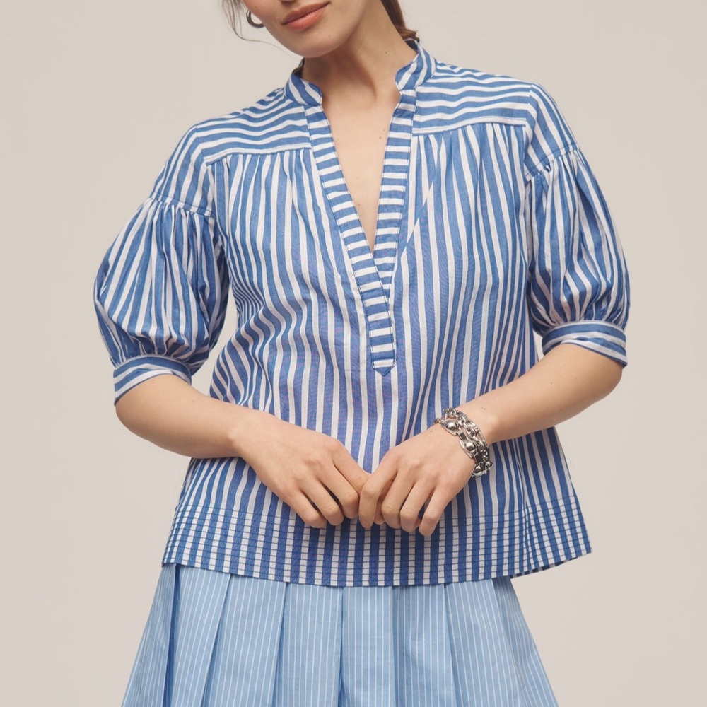 Anthropologie Blue & White Vertical Stripe V-Neck Puff Sleeve Blouse